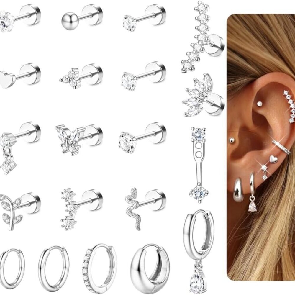 Cartilage Earrings Set Hypoallergenic Steel 20G Multiple Piercing Jewelry